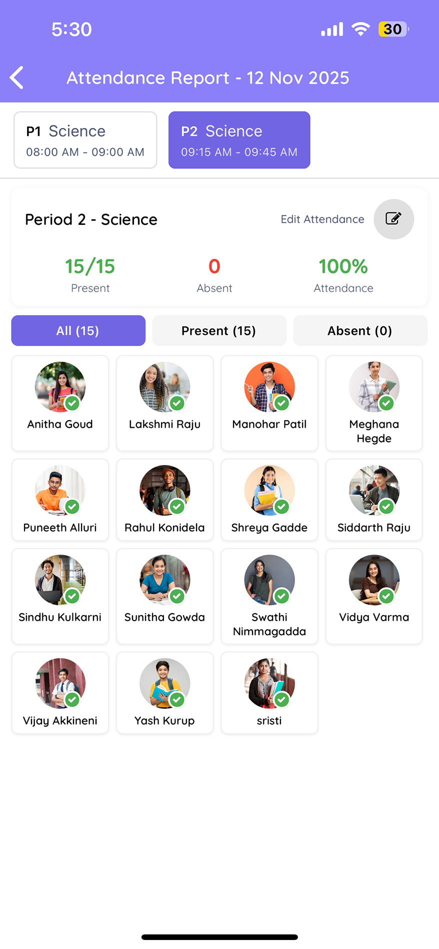 TedQu app — class marked 100% present